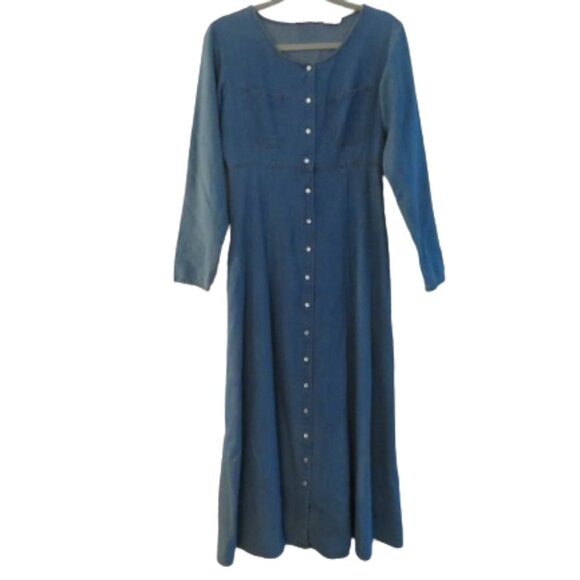 VINTAGE NEVADA JEANSWEAR Light Denim Pearl Snap Maxi Dress  - Size 10 - Picture 1 of 15